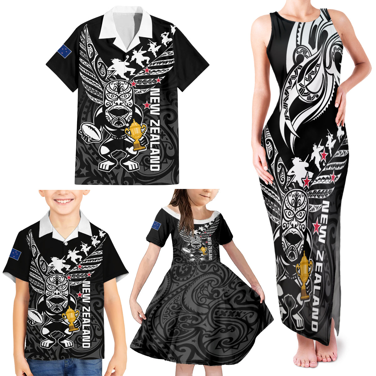 Custom New Zealand Silver Fern Rugby Family Matching Tank Maxi Dress and Hawaiian Shirt Aotearoa Champion 2023 World Cup LT01 - Polynesian Pride