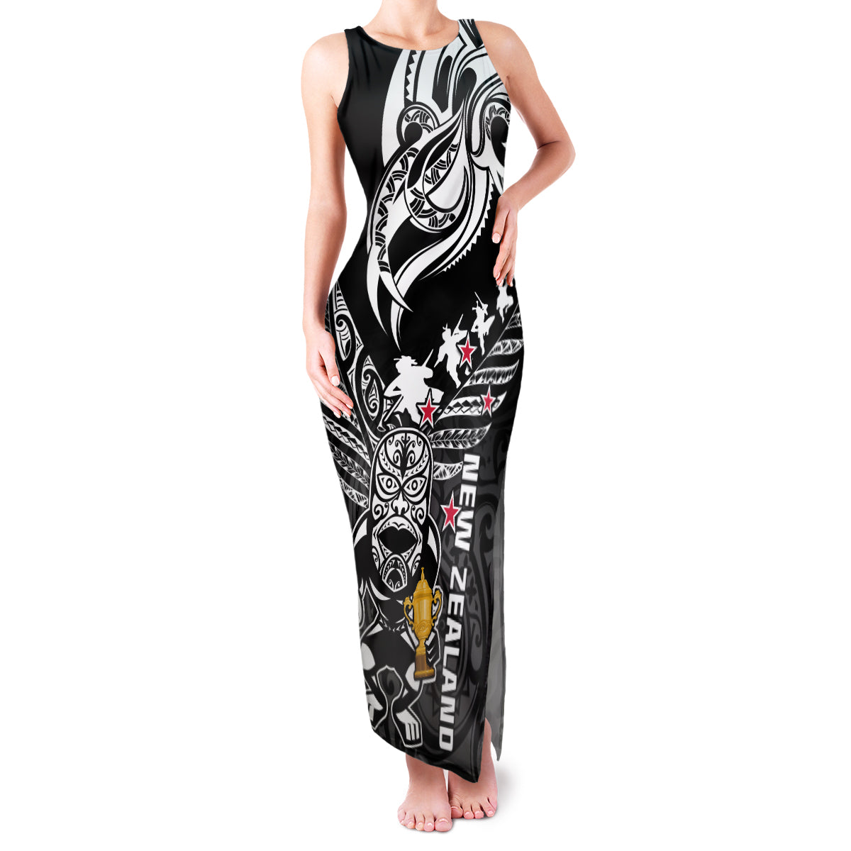Custom New Zealand Silver Fern Rugby Family Matching Tank Maxi Dress and Hawaiian Shirt Aotearoa Champion 2023 World Cup LT01 Mom's Dress Black - Polynesian Pride