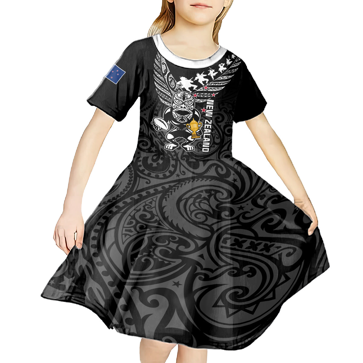 Custom New Zealand Silver Fern Rugby Kid Short Sleeve Dress Aotearoa Champion 2023 World Cup LT01 - Polynesian Pride