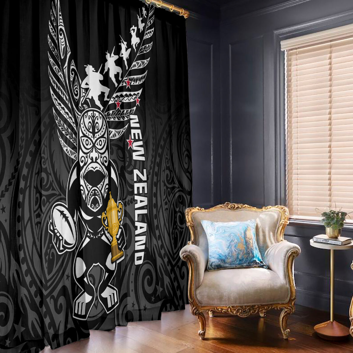 New Zealand Silver Fern Rugby Window Curtain Aotearoa Champion 2023 World Cup LT01 With Hooks Black - Polynesian Pride