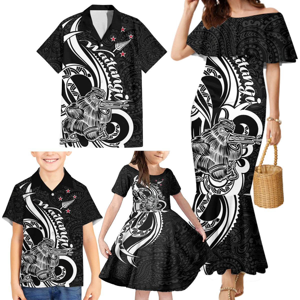 New Zealand Waitangi Day Family Matching Mermaid Dress and Hawaiian Shirt Aotearoa Te Tiriti O Waitangi Kiwi Black Version LT01 - Polynesian Pride