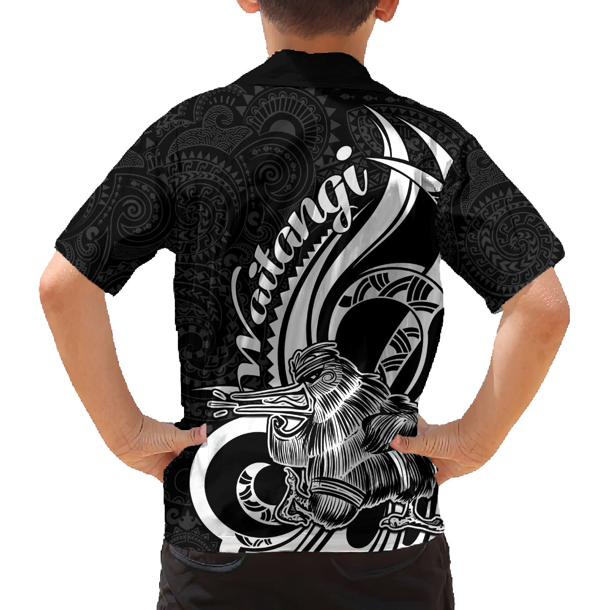 New Zealand Waitangi Day Family Matching Off Shoulder Long Sleeve Dress and Hawaiian Shirt Aotearoa Te Tiriti O Waitangi Kiwi Black Version LT01 - Polynesian Pride
