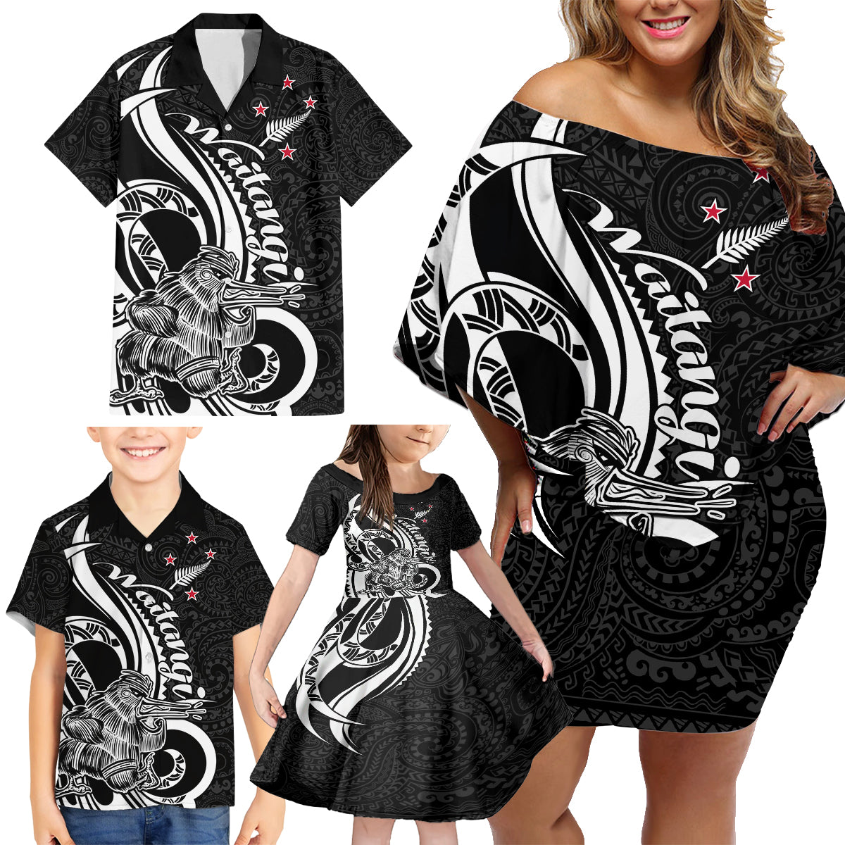 New Zealand Waitangi Day Family Matching Off Shoulder Short Dress and Hawaiian Shirt Aotearoa Te Tiriti O Waitangi Kiwi Black Version LT01 - Polynesian Pride