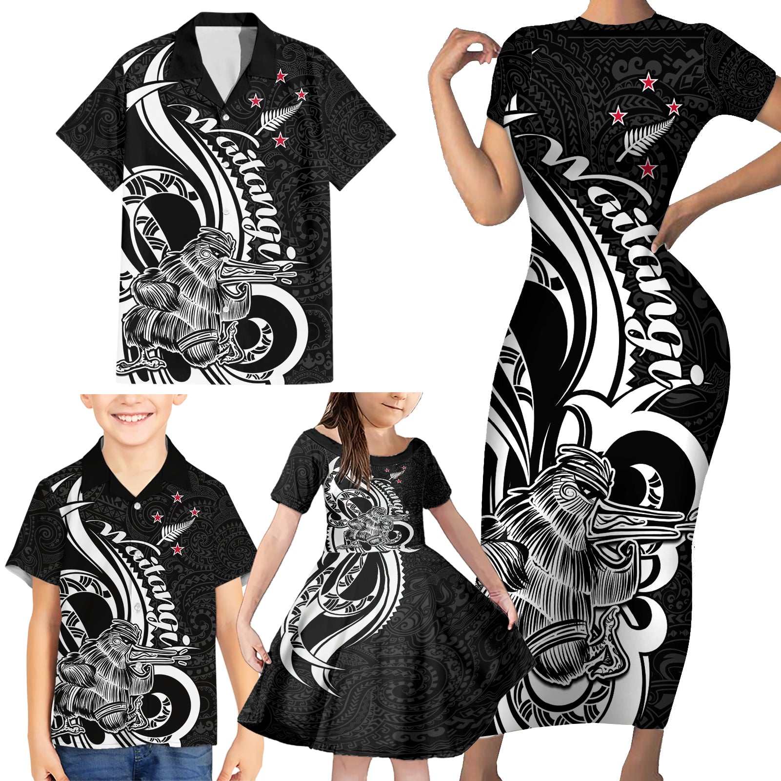 New Zealand Waitangi Day Family Matching Short Sleeve Bodycon Dress and Hawaiian Shirt Aotearoa Te Tiriti O Waitangi Kiwi Black Version LT01 - Polynesian Pride