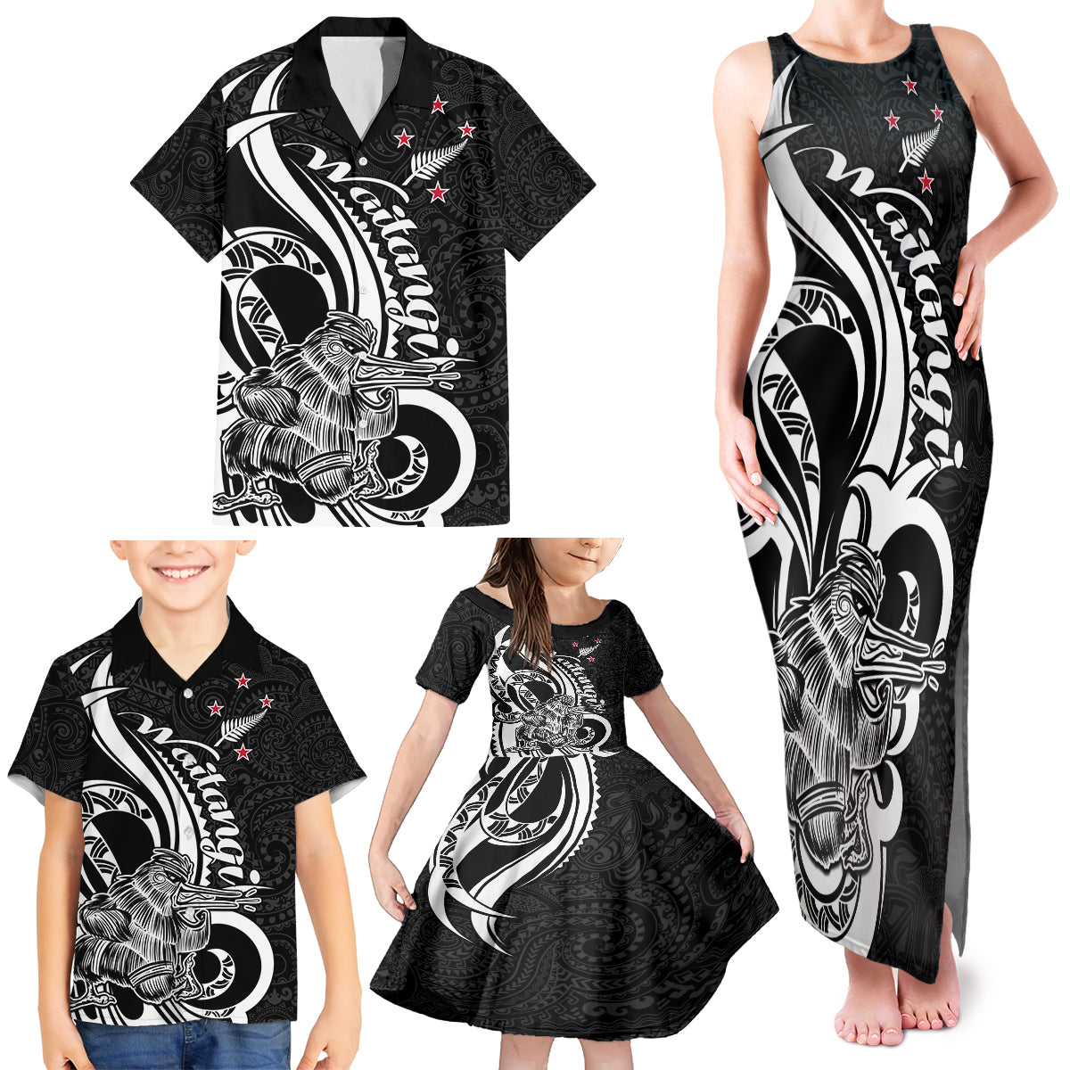 New Zealand Waitangi Day Family Matching Tank Maxi Dress and Hawaiian Shirt Aotearoa Te Tiriti O Waitangi Kiwi Black Version LT01 - Polynesian Pride