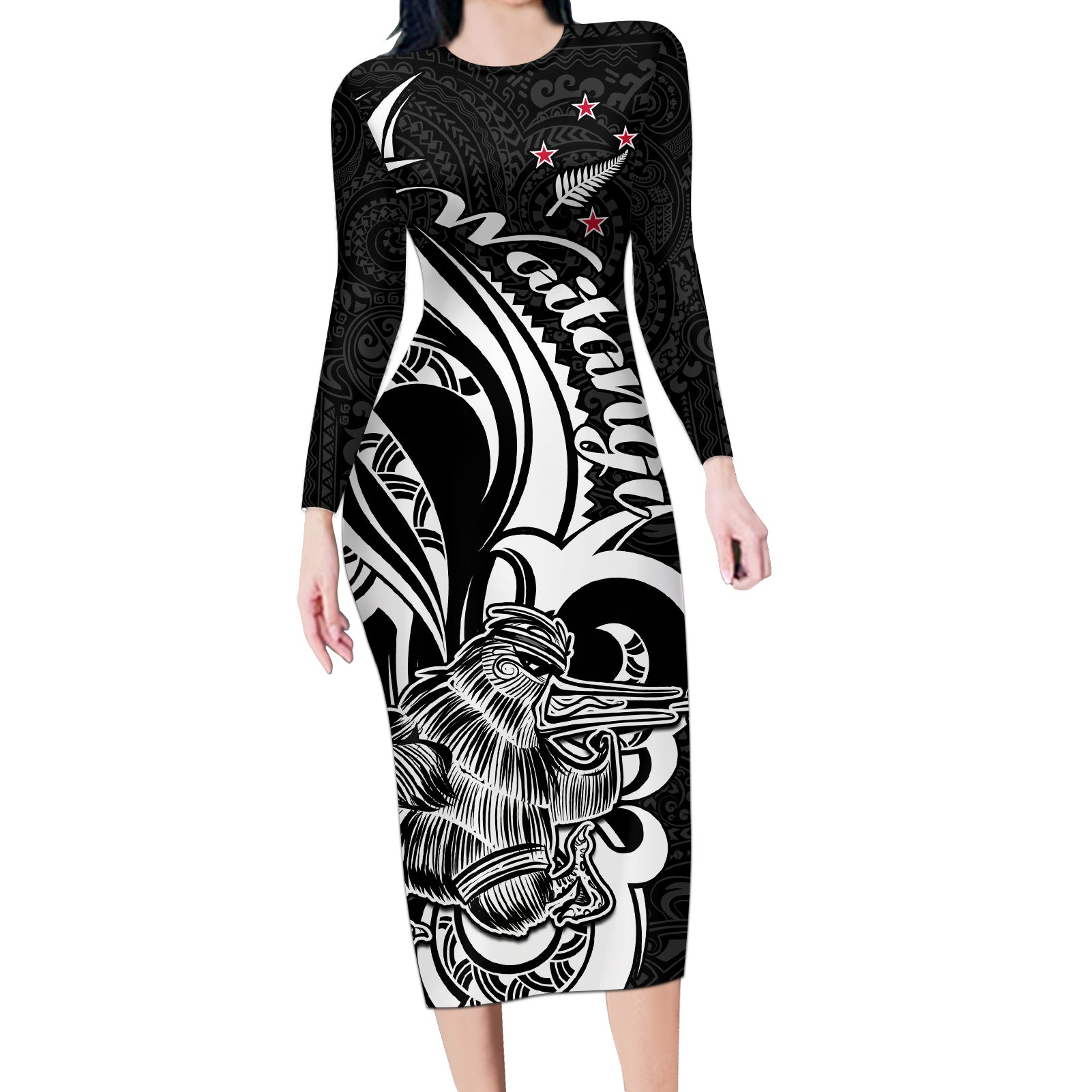 New Zealand Waitangi Day Long Sleeve Bodycon Dress Aotearoa Te Tiriti O Waitangi Kiwi Black Version LT01 Long Dress Black - Polynesian Pride