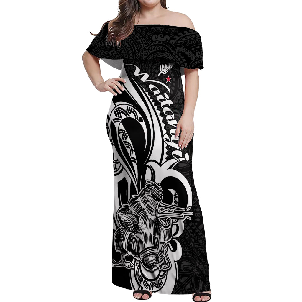 New Zealand Waitangi Day Off Shoulder Maxi Dress Aotearoa Te Tiriti O Waitangi Kiwi Black Version LT01 Women Black - Polynesian Pride