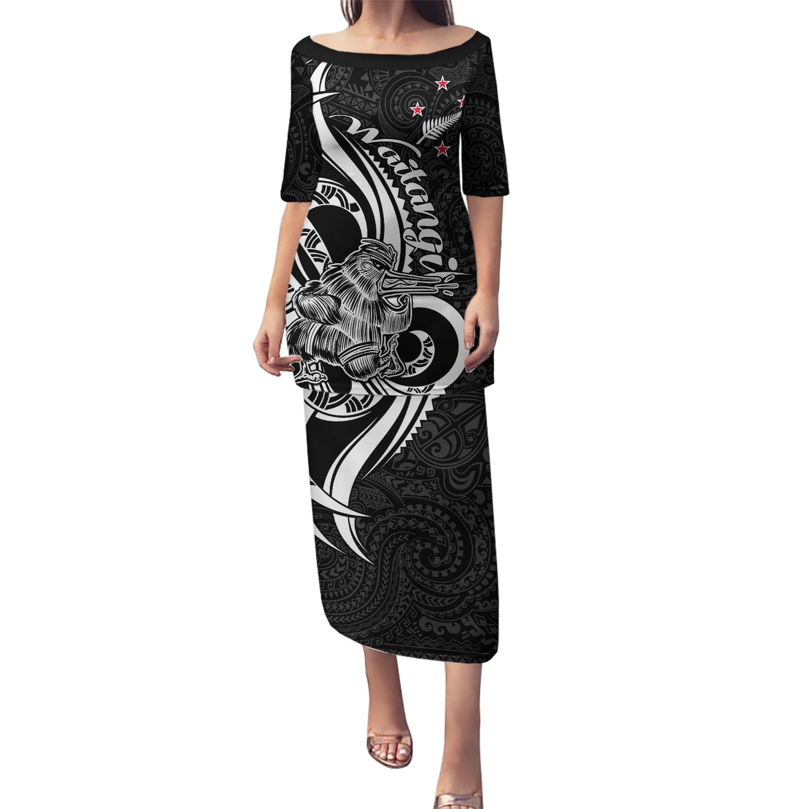 New Zealand Waitangi Day Puletasi Aotearoa Te Tiriti O Waitangi Kiwi Black Version LT01 Long Dress Black - Polynesian Pride