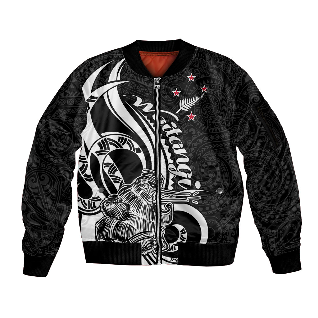 New Zealand Waitangi Day Sleeve Zip Bomber Jacket Aotearoa Te Tiriti O Waitangi Kiwi Black Version LT01 Unisex Black - Polynesian Pride