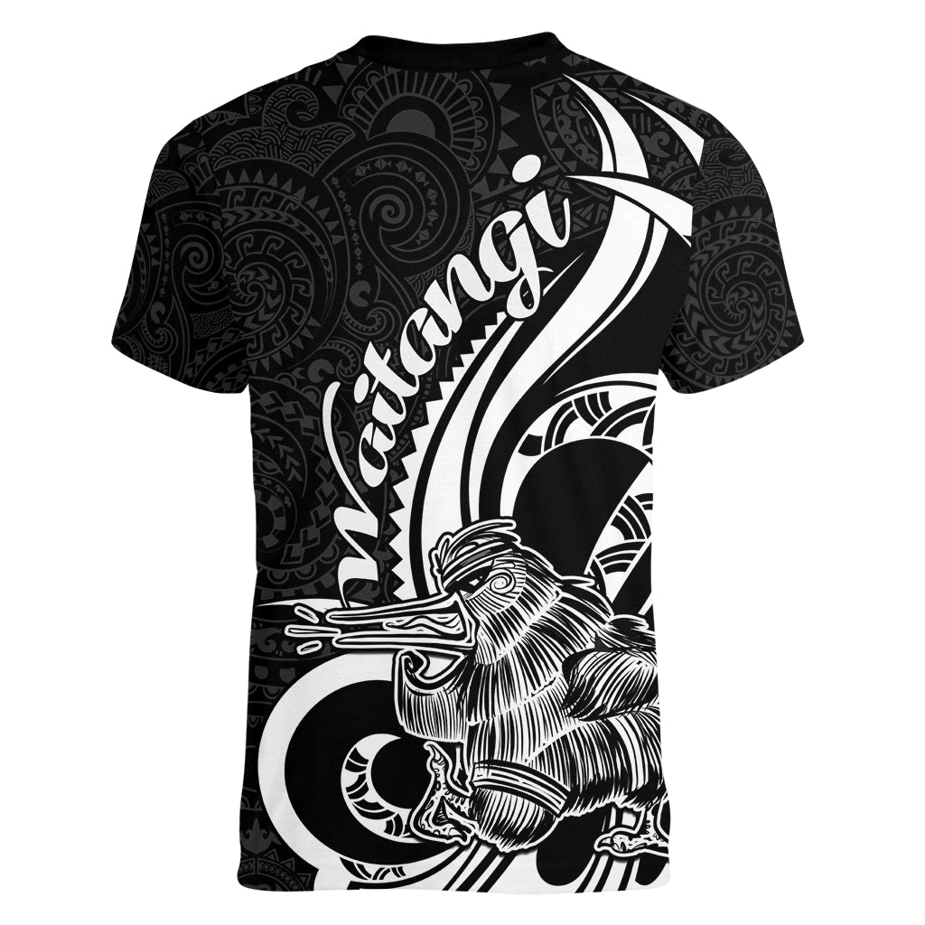 New Zealand Waitangi Day Women V Neck T Shirt Aotearoa Te Tiriti O Waitangi Kiwi Black Version LT01 - Polynesian Pride