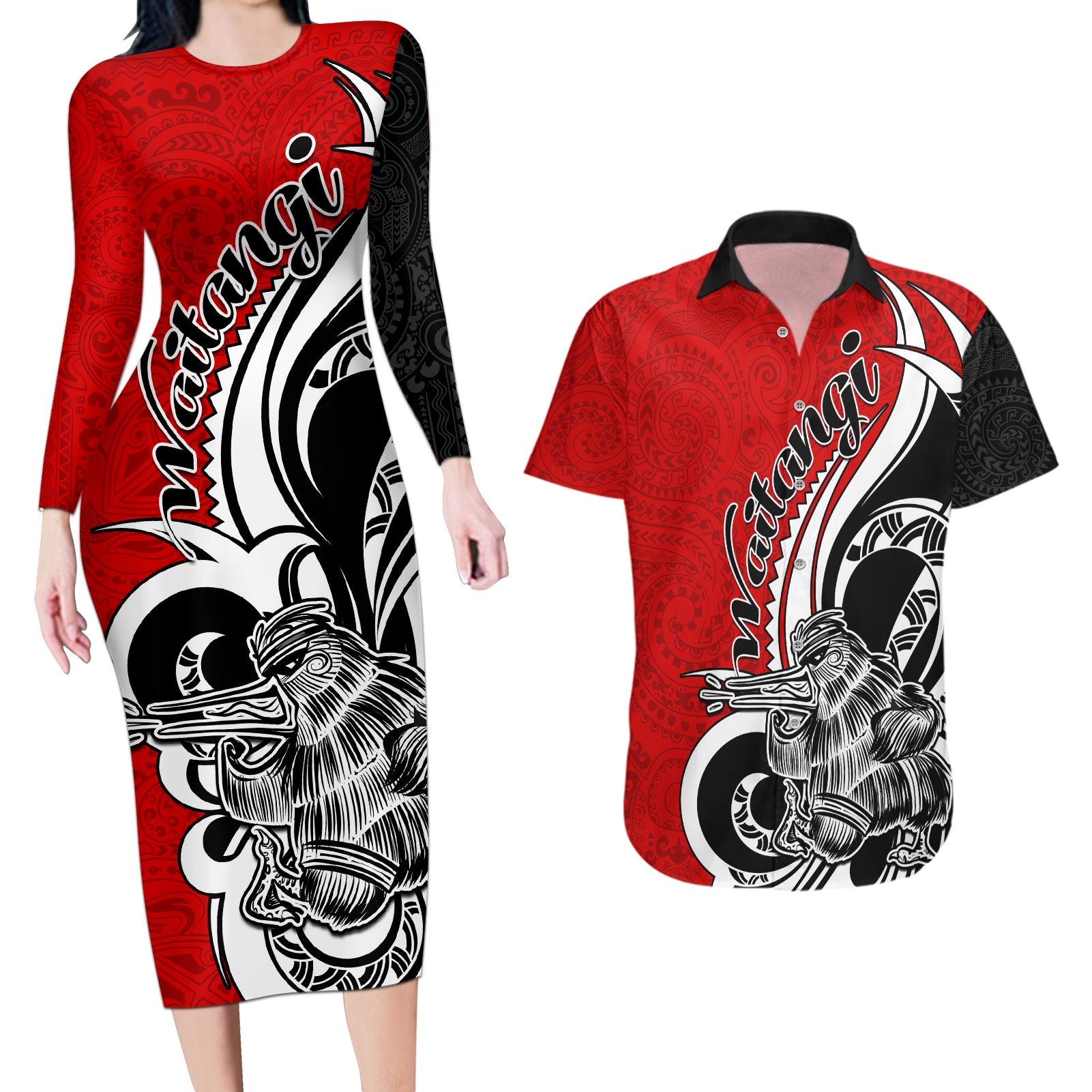 New Zealand Waitangi Day Couples Matching Long Sleeve Bodycon Dress and Hawaiian Shirt Aotearoa Te Tiriti O Waitangi Kiwi Red Version LT01 Red - Polynesian Pride