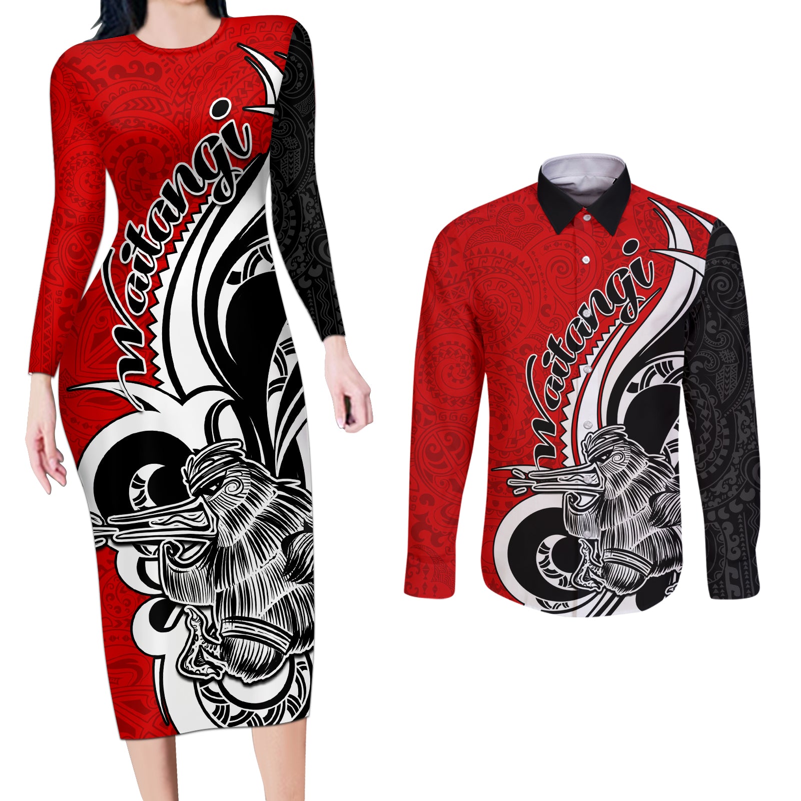 New Zealand Waitangi Day Couples Matching Long Sleeve Bodycon Dress and Long Sleeve Button Shirt Aotearoa Te Tiriti O Waitangi Kiwi Red Version LT01 Red - Polynesian Pride