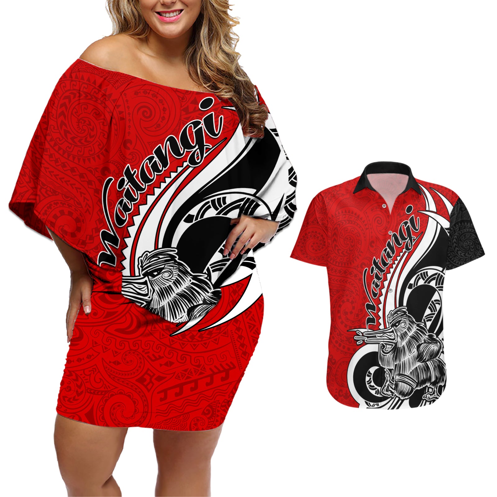 New Zealand Waitangi Day Couples Matching Off Shoulder Short Dress and Hawaiian Shirt Aotearoa Te Tiriti O Waitangi Kiwi Red Version LT01 Red - Polynesian Pride