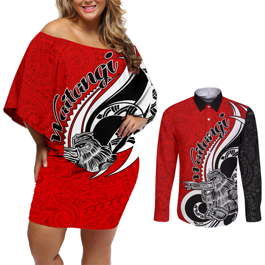 New Zealand Waitangi Day Couples Matching Off Shoulder Short Dress and Long Sleeve Button Shirt Aotearoa Te Tiriti O Waitangi Kiwi Red Version LT01 Red - Polynesian Pride