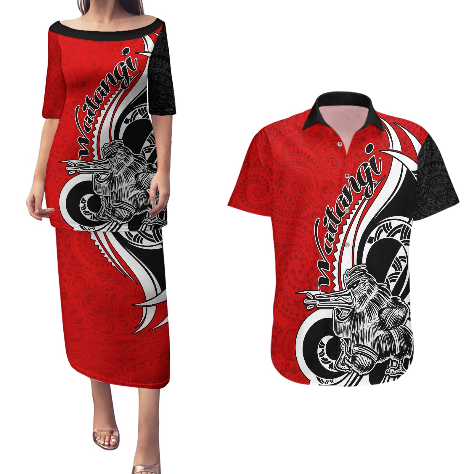 New Zealand Waitangi Day Couples Matching Puletasi Dress and Hawaiian Shirt Aotearoa Te Tiriti O Waitangi Kiwi Red Version LT01 Red - Polynesian Pride