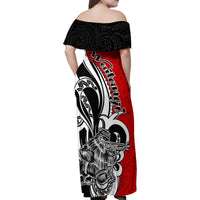 New Zealand Waitangi Day Family Matching Off Shoulder Maxi Dress and Hawaiian Shirt Aotearoa Te Tiriti O Waitangi Kiwi Red Version LT01 - Polynesian Pride