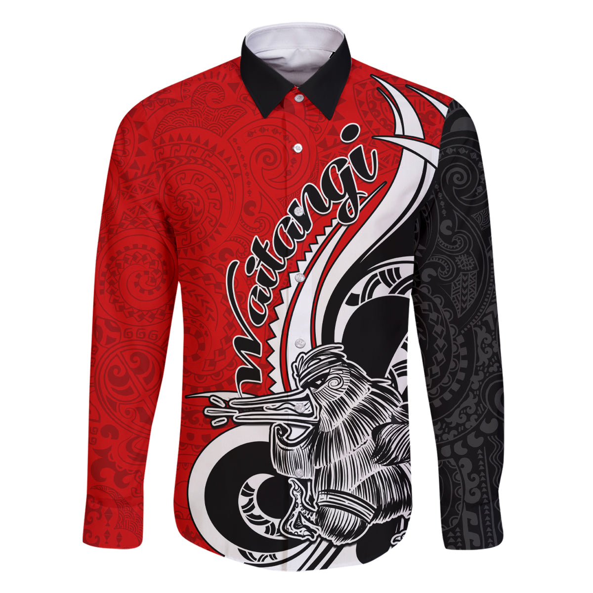 New Zealand Waitangi Day Family Matching Off Shoulder Short Dress and Hawaiian Shirt Aotearoa Te Tiriti O Waitangi Kiwi Red Version LT01 Dad's Shirt - Long Sleeve Red - Polynesian Pride
