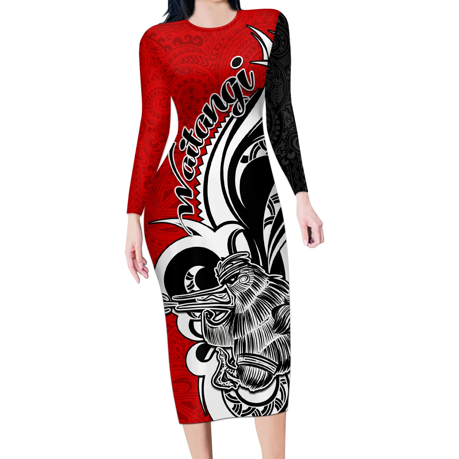 New Zealand Waitangi Day Long Sleeve Bodycon Dress Aotearoa Te Tiriti O Waitangi Kiwi Red Version LT01 Long Dress Red - Polynesian Pride