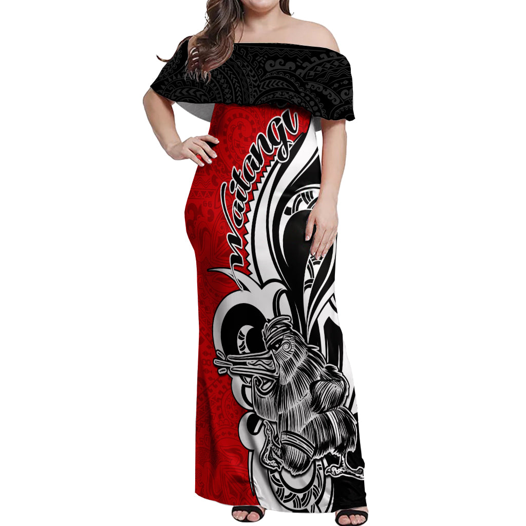 New Zealand Waitangi Day Off Shoulder Maxi Dress Aotearoa Te Tiriti O Waitangi Kiwi Red Version LT01 Women Red - Polynesian Pride