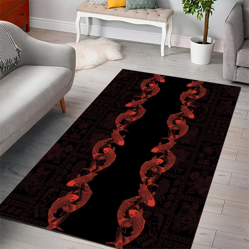 Hawaii Japan Koi Fish Red Area Rug Tapa Pattern - Polynesian Pride