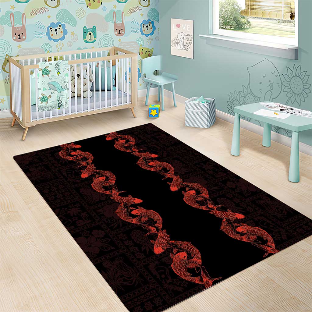 Hawaii Japan Koi Fish Red Area Rug Tapa Pattern - Polynesian Pride