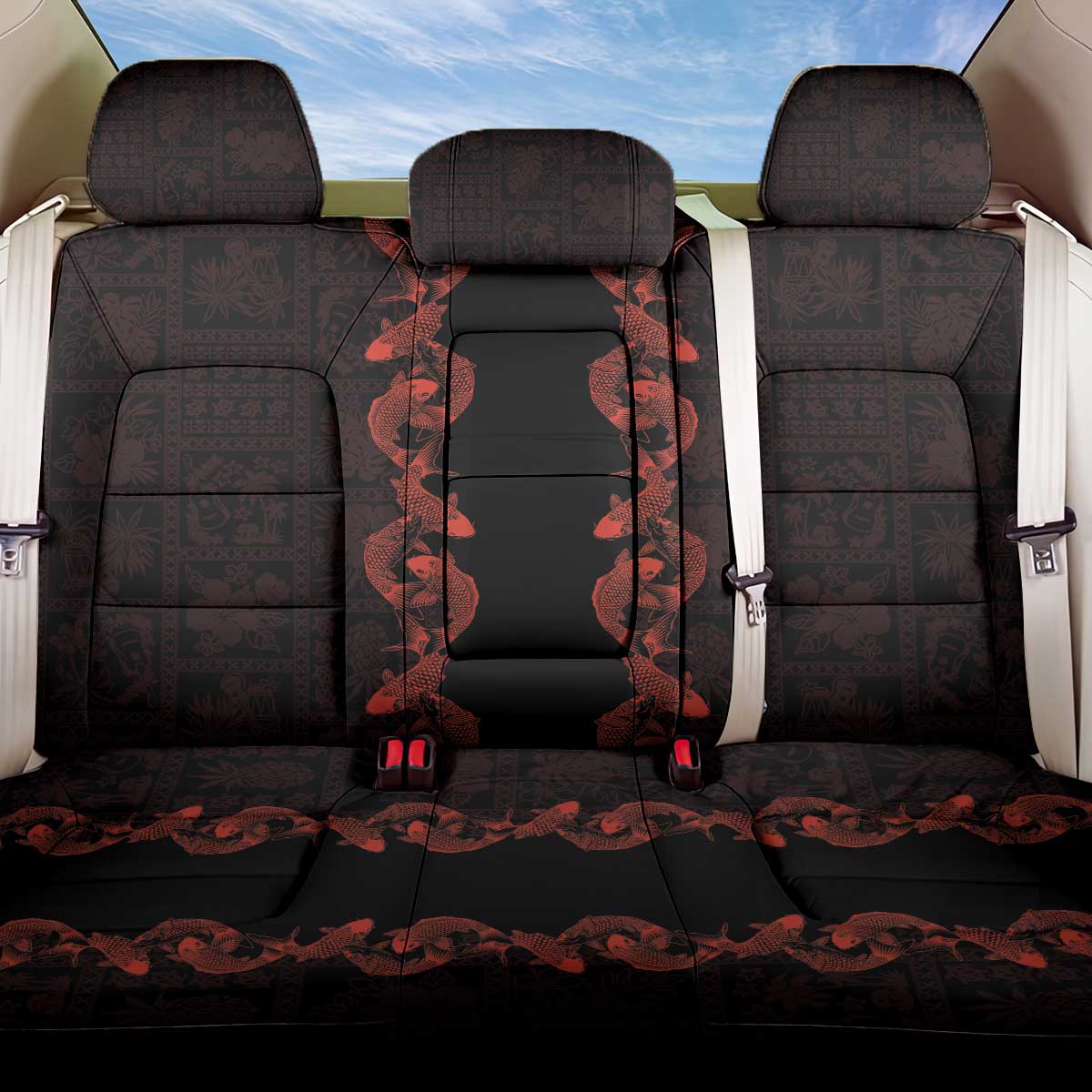 Hawaii Japan Koi Fish Red Back Car Seat Cover Tapa Pattern LT01 One Size Red - Polynesian Pride
