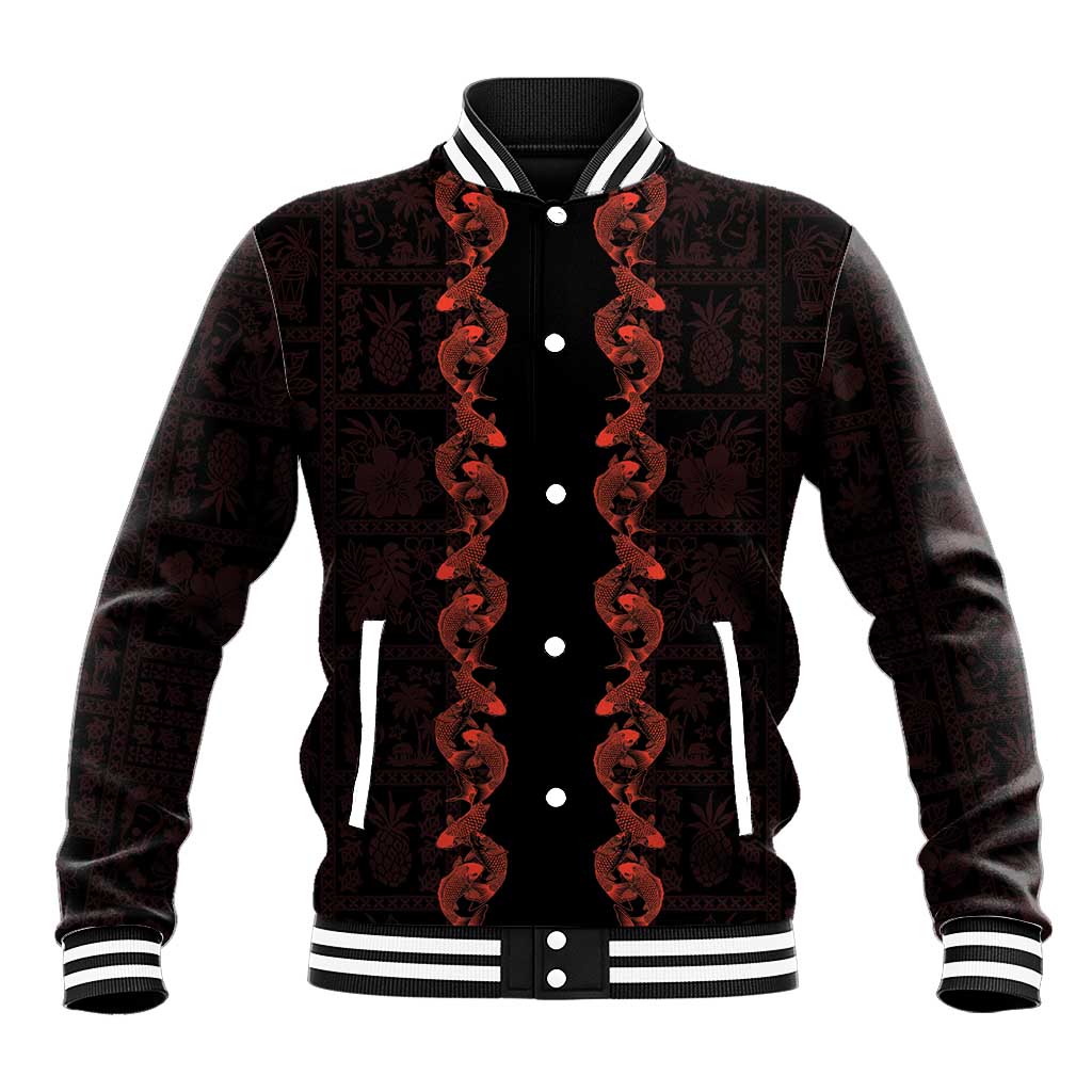 Hawaii Japan Koi Fish Red Baseball Jacket Tapa Pattern LT01 Unisex Red - Polynesian Pride