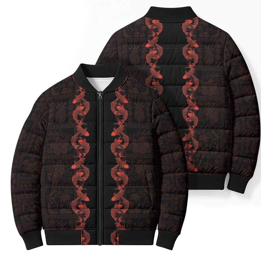 Hawaii Japan Koi Fish Red Bomber Puffer Jacket Tapa Pattern LT01 - Polynesian Pride