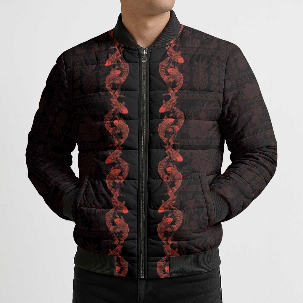 Hawaii Japan Koi Fish Red Bomber Puffer Jacket Tapa Pattern LT01 - Polynesian Pride
