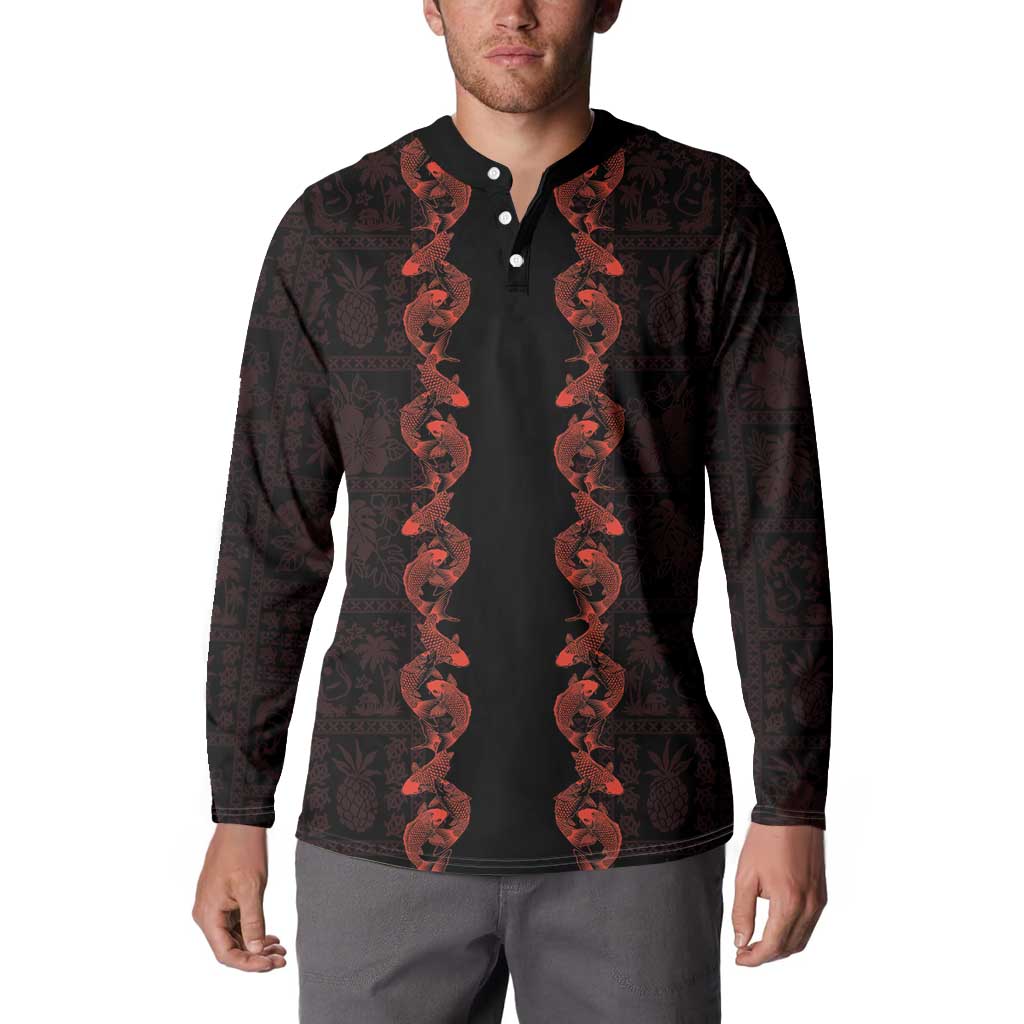 Hawaii Japan Koi Fish Red Button Sweatshirt Tapa Pattern LT01 - Polynesian Pride