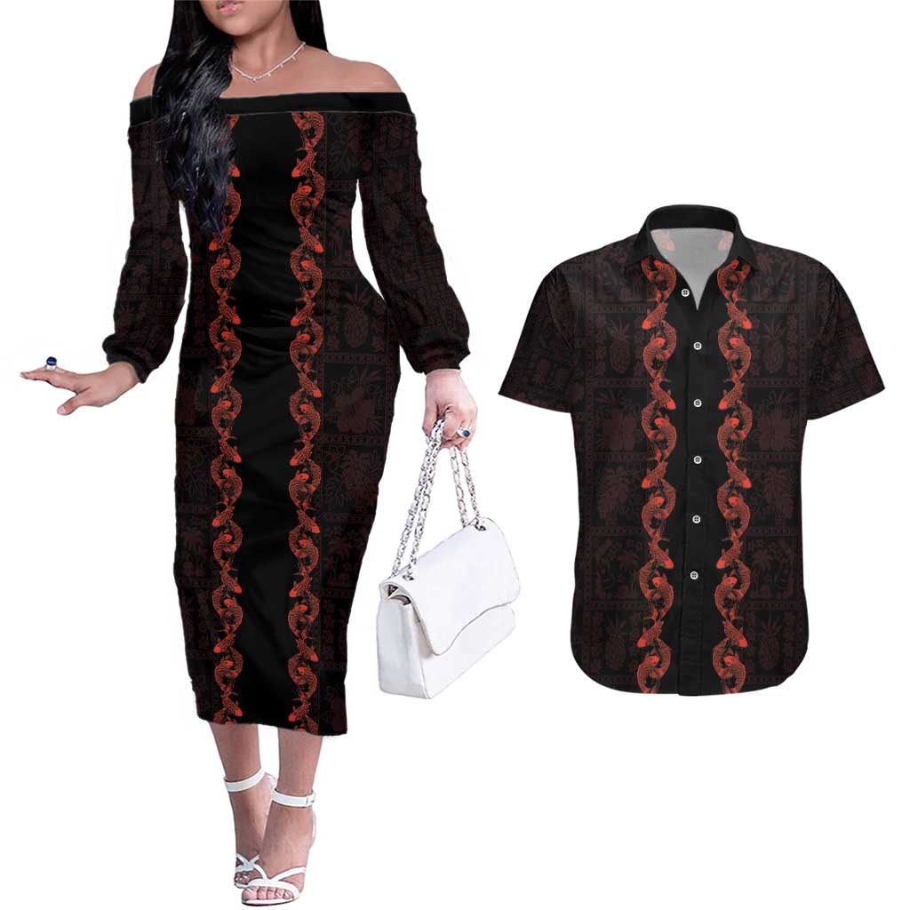 Hawaii Japan Koi Fish Red Couples Matching Off The Shoulder Long Sleeve Dress and Hawaiian Shirt Tapa Pattern - Polynesian Pride