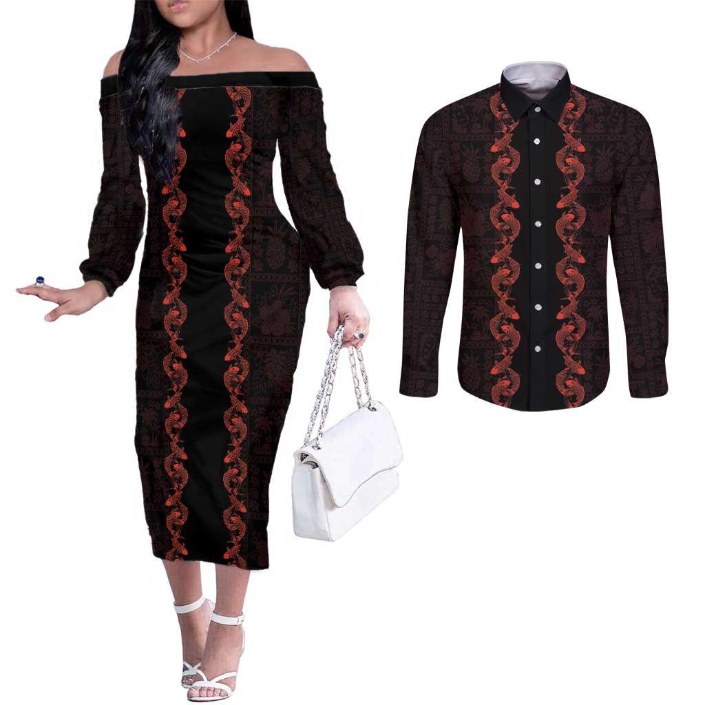 Hawaii Japan Koi Fish Red Couples Matching Off The Shoulder Long Sleeve Dress and Long Sleeve Button Shirt Tapa Pattern - Polynesian Pride