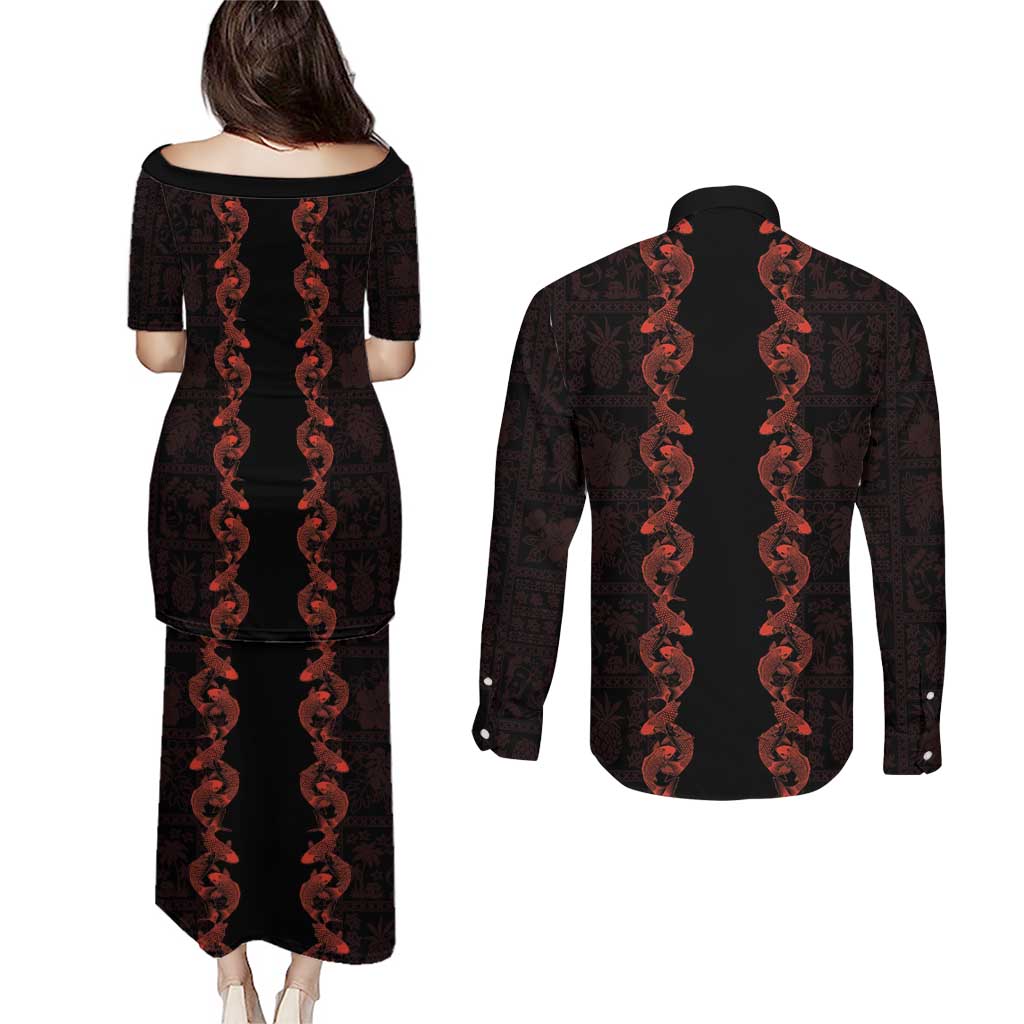 Hawaii Japan Koi Fish Red Couples Matching Puletasi and Long Sleeve Button Shirt Tapa Pattern LT01 - Polynesian Pride