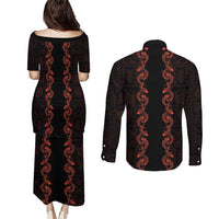 Hawaii Japan Koi Fish Red Couples Matching Puletasi and Long Sleeve Button Shirt Tapa Pattern LT01 - Polynesian Pride