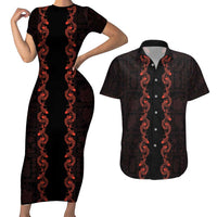 Hawaii Japan Koi Fish Red Couples Matching Short Sleeve Bodycon Dress and Hawaiian Shirt Tapa Pattern - Polynesian Pride