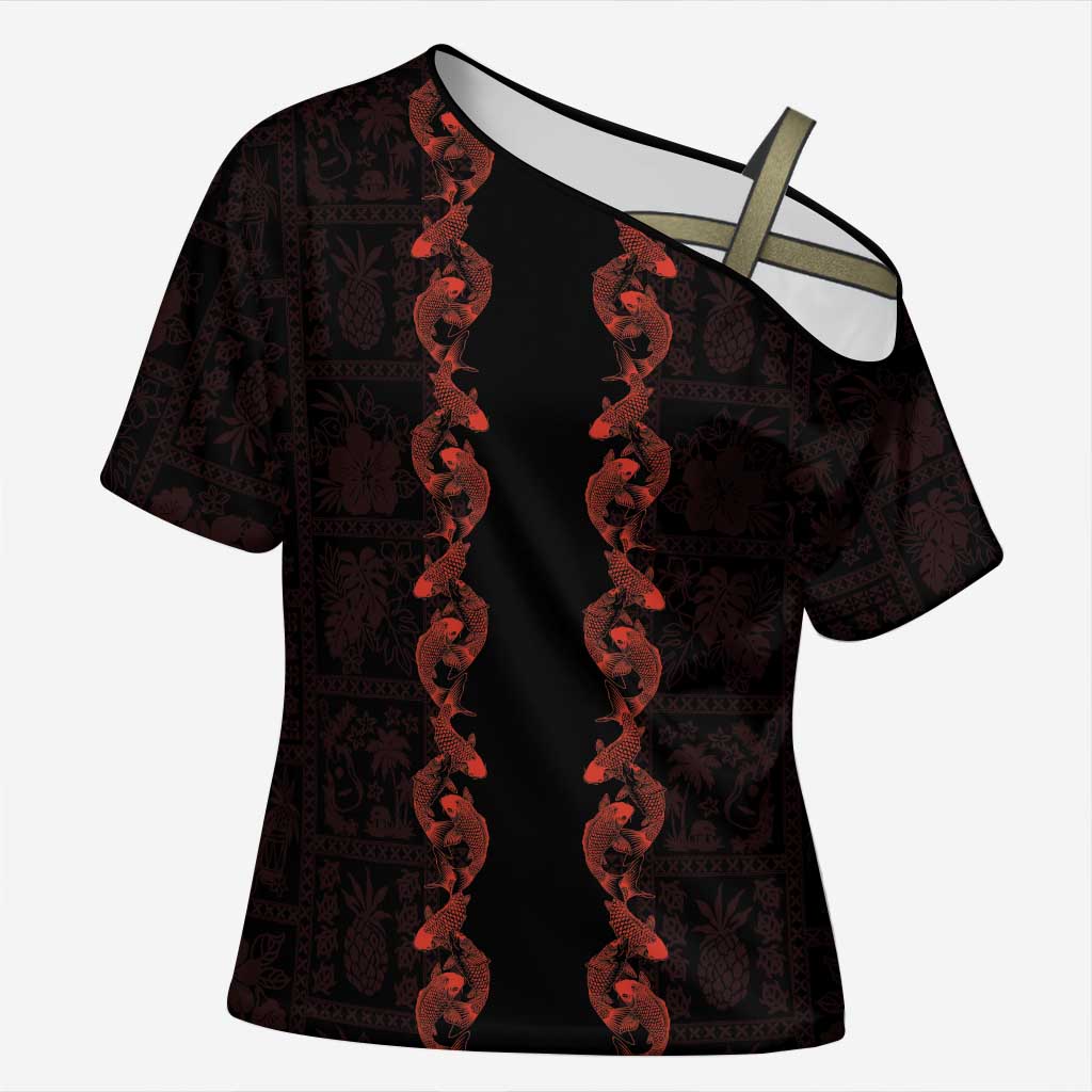 Hawaii Japan Koi Fish Red Cross Shoulder Shirt Tapa Pattern LT01 Female Red - Polynesian Pride