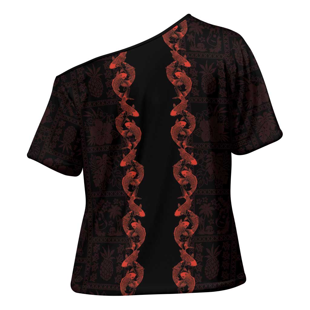 Hawaii Japan Koi Fish Red Cross Shoulder Shirt Tapa Pattern LT01 - Polynesian Pride