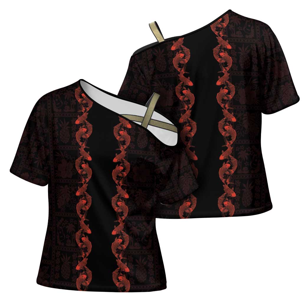 Hawaii Japan Koi Fish Red Cross Shoulder Shirt Tapa Pattern LT01 - Polynesian Pride