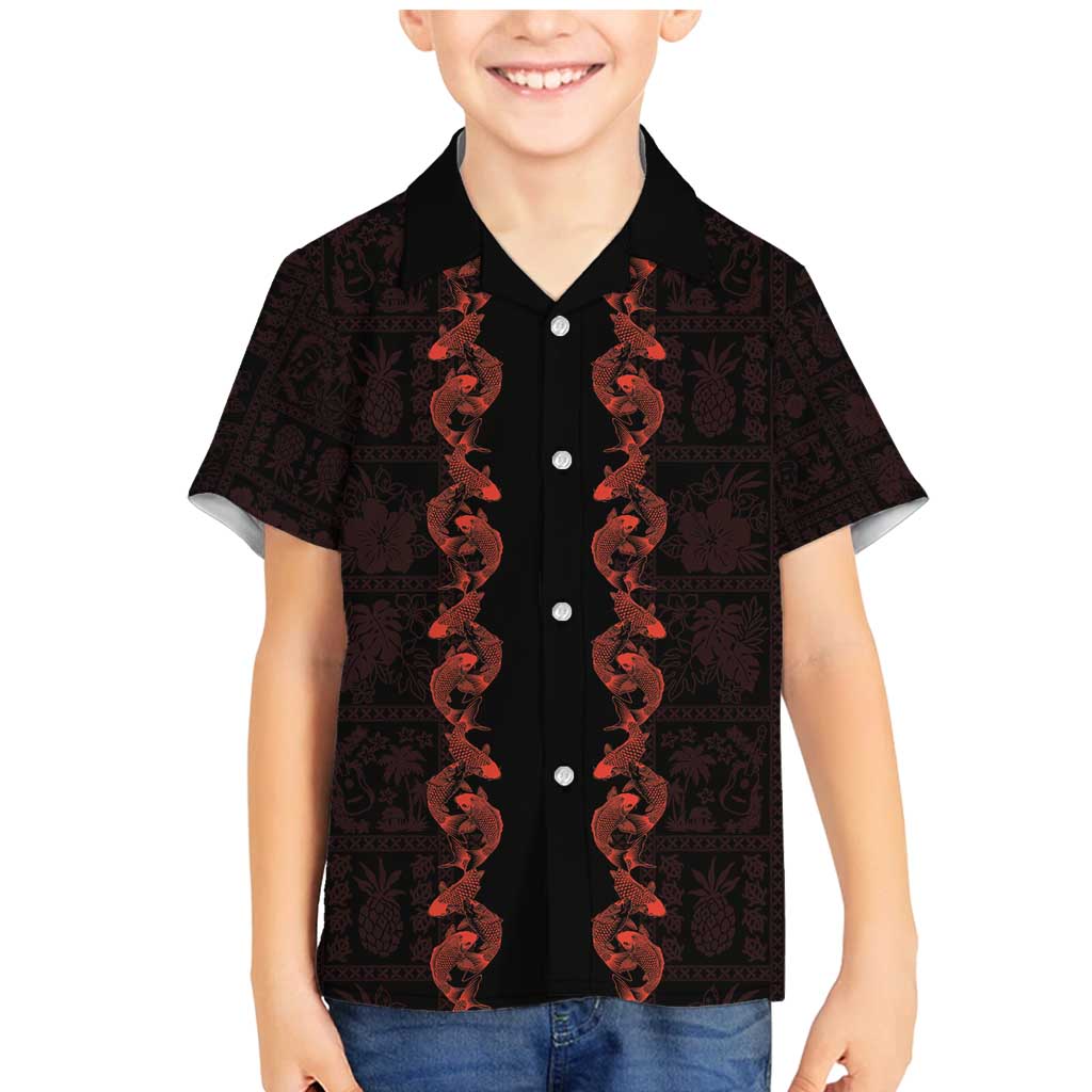 Hawaii Japan Koi Fish Red Family Matching Mermaid Dress and Hawaiian Shirt Tapa Pattern - Polynesian Pride