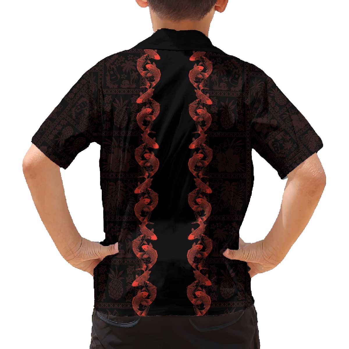 Hawaii Japan Koi Fish Red Family Matching Off The Shoulder Long Sleeve Dress and Hawaiian Shirt Tapa Pattern - Polynesian Pride