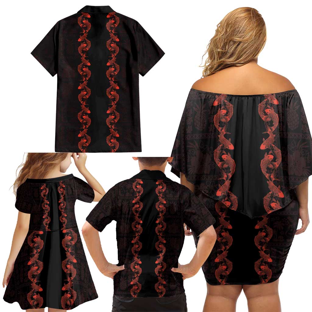 Hawaii Japan Koi Fish Red Family Matching Off Shoulder Short Dress and Hawaiian Shirt Tapa Pattern - Polynesian Pride