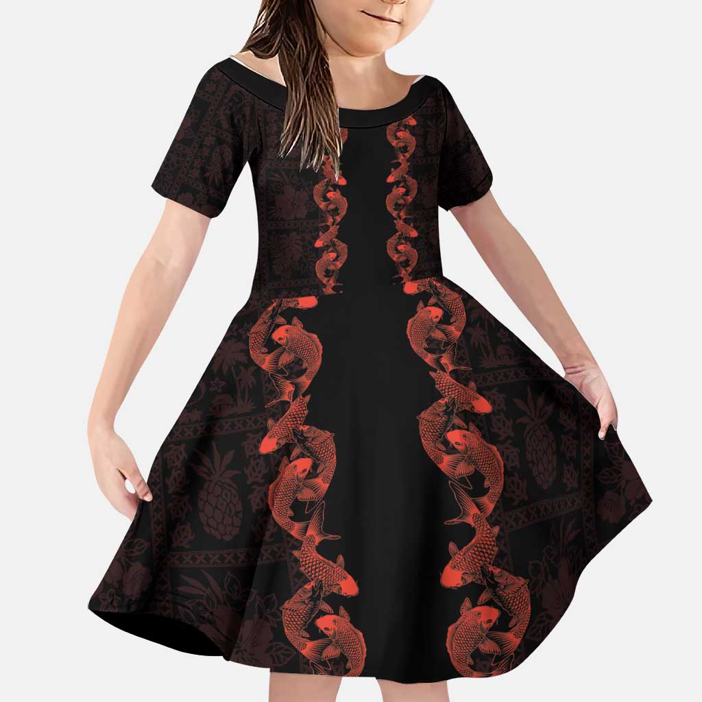 Hawaii Japan Koi Fish Red Family Matching Puletasi and Hawaiian Shirt Tapa Pattern LT01 Daughter's Dress Red - Polynesian Pride