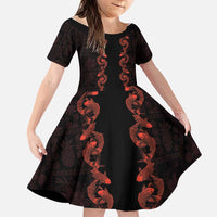 Hawaii Japan Koi Fish Red Family Matching Puletasi and Hawaiian Shirt Tapa Pattern LT01 Daughter's Dress Red - Polynesian Pride