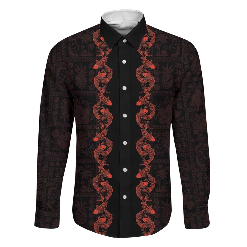 Hawaii Japan Koi Fish Red Family Matching Puletasi and Hawaiian Shirt Tapa Pattern LT01 Dad's Shirt - Long Sleeve Red - Polynesian Pride
