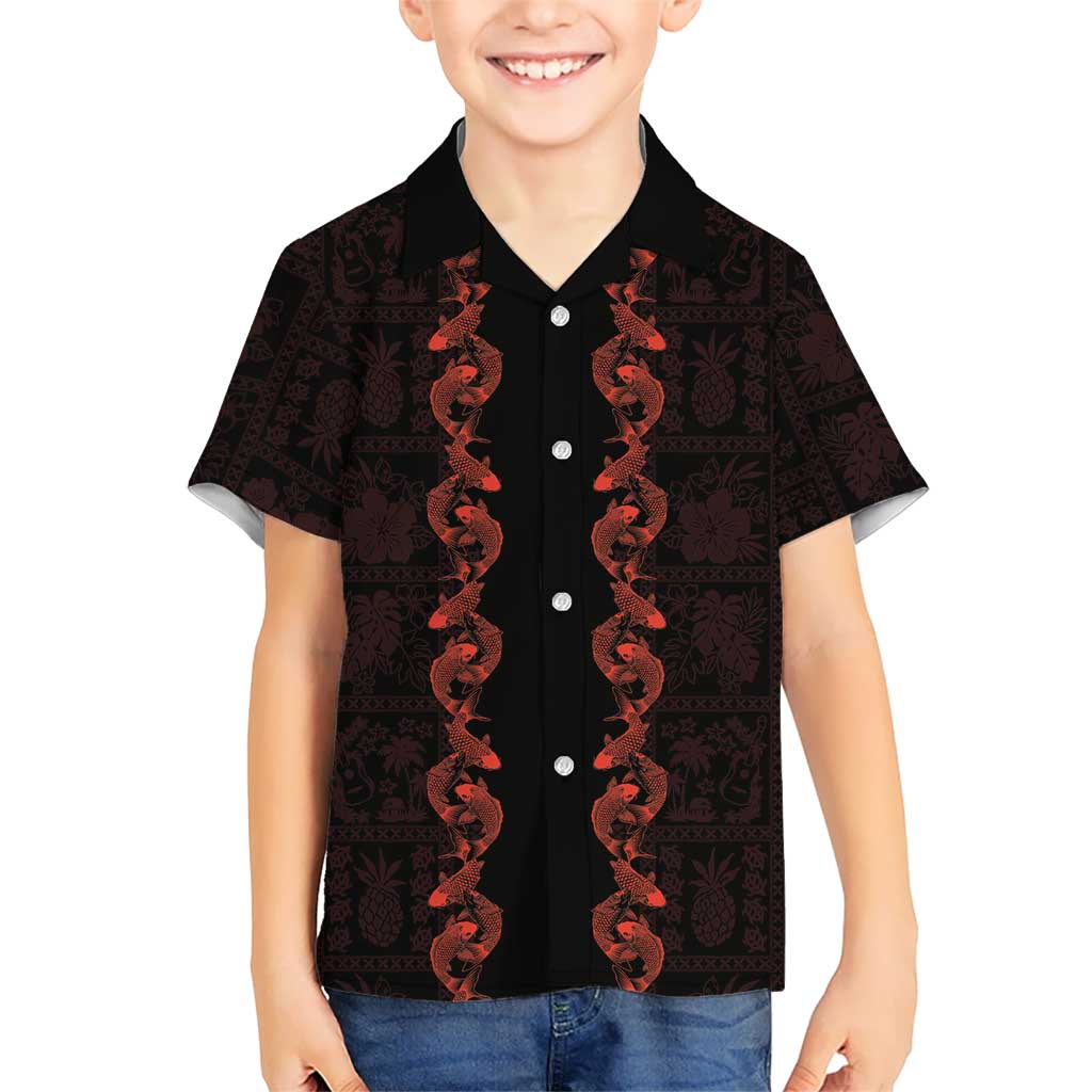 Hawaii Japan Koi Fish Red Family Matching Puletasi and Hawaiian Shirt Tapa Pattern LT01 Son's Shirt Red - Polynesian Pride