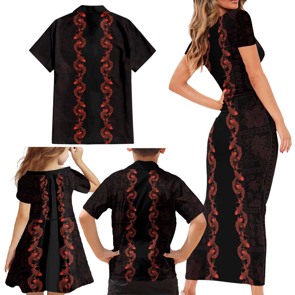 Hawaii Japan Koi Fish Red Family Matching Short Sleeve Bodycon Dress and Hawaiian Shirt Tapa Pattern - Polynesian Pride