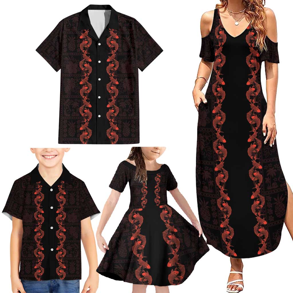Hawaii Japan Koi Fish Red Family Matching Summer Maxi Dress and Hawaiian Shirt Tapa Pattern - Polynesian Pride