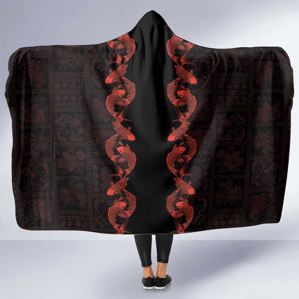 Hawaii Japan Koi Fish Red Hooded Blanket Tapa Pattern LT01 One Size Red - Polynesian Pride