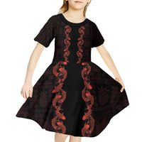 Hawaii Japan Koi Fish Red Kid Short Sleeve Dress Tapa Pattern - Polynesian Pride