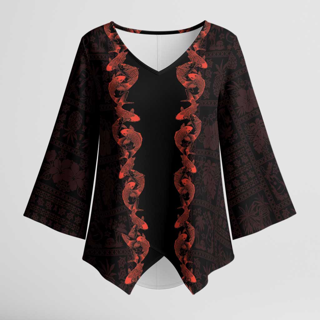 Hawaii Japan Koi Fish Red Kimono Sleeve Blouse Tapa Pattern LT01 Female Red - Polynesian Pride